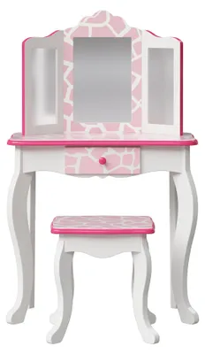 Produktbild von Teamson Kids Little Princess Gisele 2-tlg. Giraffe Print Play Vanity Set mit Dreifachspiegel & Hocker, Rosa/Weiß