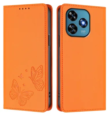 Produktbild von Lederhülle für Oukitel C51, Schmetterling Prägung Leder Brieftasche Schutzhülle mit Ständer Orange