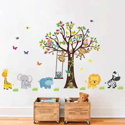 Produktbild von Wandsticker Tiere Baum - Wanddekoration für Kinder - Wandsticker für Schlafzimmer - Wandsticker für Babyzimmer - Wandkunst Elefant/Giraffe/Affe - Niedliche Wanddekoration