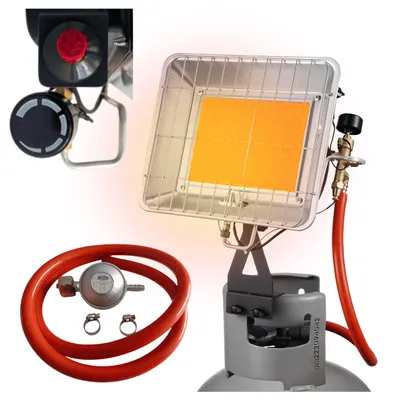 Produktbild von Gasheizstrahler 4,5 kW mit Piezozündung, Gasflaschenhalterung, Druckregler & Schlauch – Stufenlose Terrassenheizung für Garten & Camping, KI-generiertes Bild