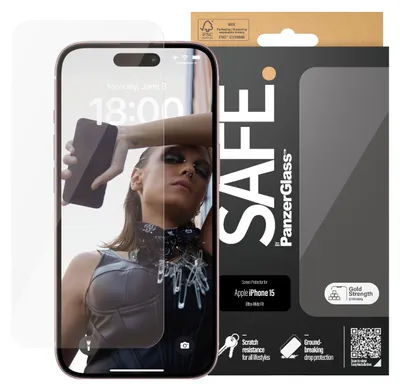 Zdjęcie produktu dla PanzerGlass SAFE. by ® Screen Protector iPhone 15 | Ultra-Wide Fit, Apple, Apple - iPhone 15, Aplikacja na sucho, Odporny na zadrapania, Odporny na wstrząsy, Przezroczysty, 1 szt.