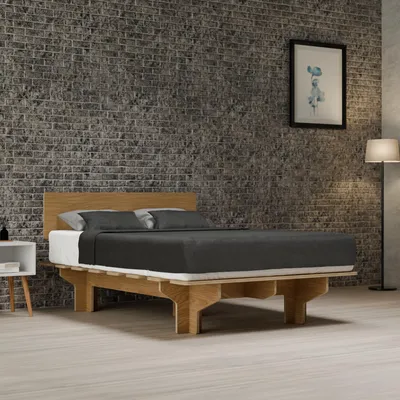 Produktbild von Blumfeldt NordicAura Bettgestell - Eukalyptusholz, Werkzeuglose Montage, Hohe Kopfteil mit Stauraum, Eiche Finish, Passend für Matratzen 140x200 cm