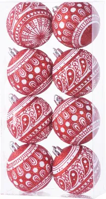 Image de Boules MagicHome Noël, 8 pcs, 6 cm, rouges avec ornement blanc, avec paillettes, pour sapin de Noël