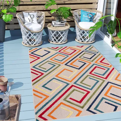 Produktbild von Carpeto Rugs Geometrisch In- & Outdoor Teppich Wetterfest für Balkon, Terasse - Balkon Teppich Wasserfest - Outdoorteppich Wetterfest - Aussenteppich Terrasse Groß - Mehrfarbig Bunt - 160 x 230 cm