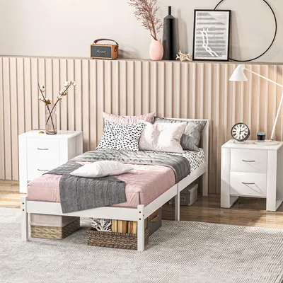 Produktbild von Einzelbett mit Lattenrost & Kopfteil, Kiefernholz Bettgestell, Weiß | 90 x 200 cm | 23 cm Stauraum unterm Bett