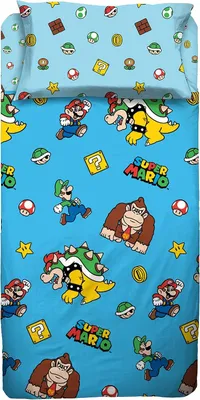 Zdjęcie produktu dla Komplet pościeli dla jednej osoby, z motywem Super Mario, poszewka na poduszkę, 100% bawełna, jasnoniebieski