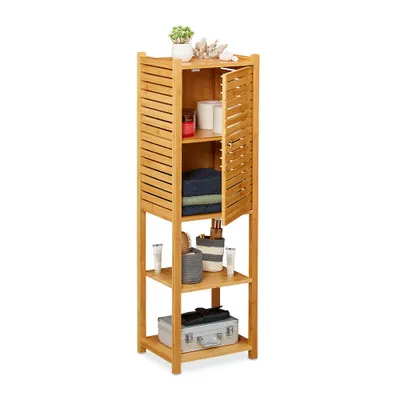 Produktbild von Relaxdays Beistellregal, Braun, 35x29x113 cm, aus Bambus & MDF (Rückwand), Natur-Design, mit Wandhalterung, feuchtigkeitsresistent, einfacher Aufbau, Fächer mit Tür, für Bad, Küche & Waschraum, bis 10 kg belastbar.