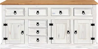 Produktbild von Möbilia Sideboard | mit 3 Türen, 7 Schubladen | Kiefer-Holz | B 174 x T 44 x H 84 cm | 19020045 | weiß lackiert, braune Deckplatte | Serie SIDEBOARD