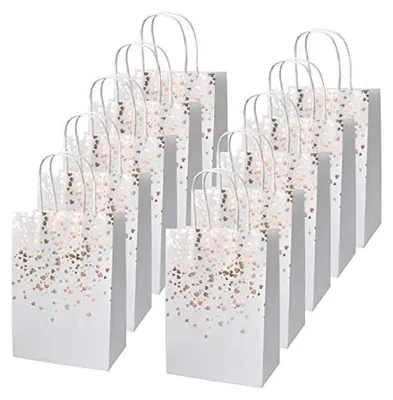 Produktbild von 12 Stück Geschenktüten aus Kraftpapier, Papiertüten mit Henkel, Bronzing Kraft Tasche mit Gold Herz Verzierung, Party Geschenk Papiertüten für Weihnachten/Hochzeit/Geburtstag Party (Weiß)