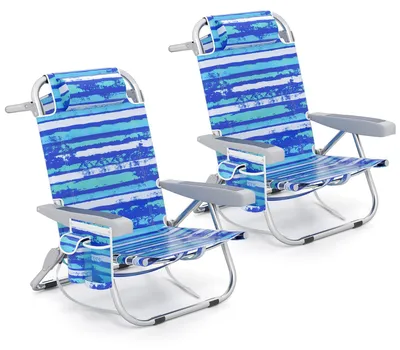 Immagine prodotto di COSTWAY Set da 2 sedie da spiaggia pieghevoli, sedie da campeggio pieghevoli con schienale regolabile, poggiatesta, tasche laterali e spallacci - Blu