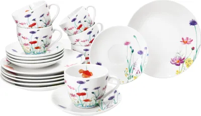 Produktbild von 18tlg Kaffeeservice Marie Porzellan 6 Personen Tassen Untertassen Teller Blumen