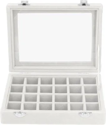Produktbild von Fluorweissamenstellungen-Schmuckaufbewahrungsbox mit 24 Fachern und klarem Deckel in Weiß für Ohrstecker, Ringe, Halsketten und Armbänder.