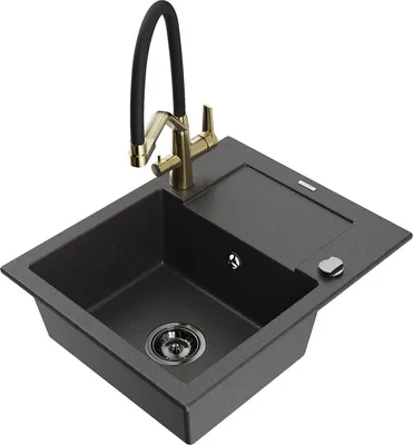 Produktbild von Mexen Enzo 1 Becken-Granitspüle mit Abtropffläche und Mischbatterie Duo, Schwarz gesprenkelt - 6506-76-671701-57-B