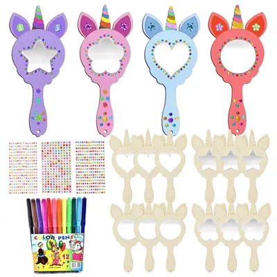 Image de Kit de loisirs créatifs licorne : miroir en bois, 12 pièces, à décorer avec des paillettes et des crayons aquarelle