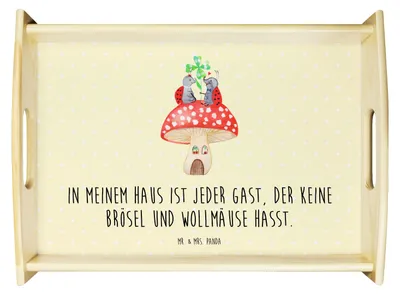 Produktbild von Mr. & Mrs. Panda Serviertablett Marienkäfer Fliegenpilz - Gelb Pastell - Geschenk, Haus, Tablett, Zuhause, Wohnung, Lustige Sprüche, holz, sofatablett, Servier, aus