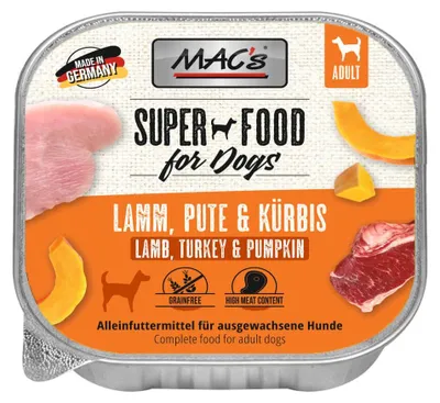 Produktbild von MAC's HUND SCHALE LAMM, PUTE & KÜRBIS, Adult, Hammelfleisch, Kürbis, Türkei, 150 g
