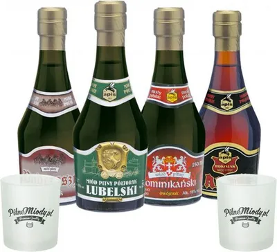 Produktbild von Set mit 4 Mets (Honigwein Półtorak-Eineinhalber/ Dwójniak-Halber / 2x Trójniak-Drittel) mit 2 Bechern | 1000ml | 13-16% Alkohol Metwein | Polnische Produktion
