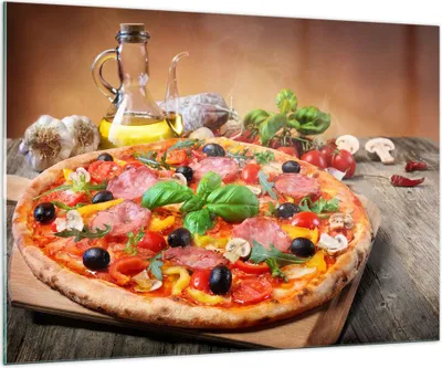 Produktbild von Bilder auf glas - Pizza Käse Tomaten - 100x70cm - Glasbilder - Wandbilder - Kunstdruck - zum Aufhängen bereit - Wanddekoration aus Glas - Glas Bilder - Wandbild auf Glas - Einteilig - GAA100x70-4024
