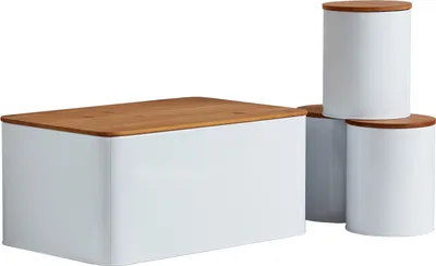 Produktbild von WENKO Brotkasten Set mit 3 Vorratsdosen, weiß - Deckel aus Bambus - 4-teiliges Vorratsset