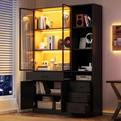 Produktbild von Hochschrank mit Glasvitrine & LED, 4 Schubladen & 13 Stauraumbereiche, Vitrinen- und Aufbewahrungsschrank für Esszimmer & Wohnzimmer, Schwarz