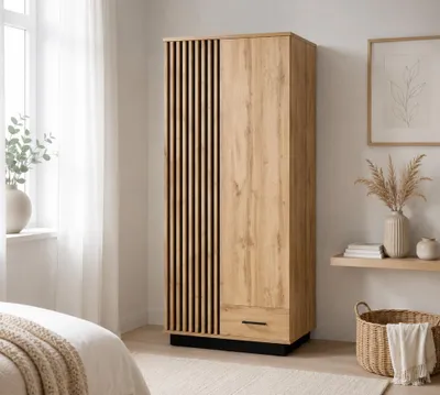 Produktbild von Zweitüriger Kleiderschrank LAMERO LA1 mit einer Schublade, Drehtürenschrank (Eiche Wotan + Schwarz)