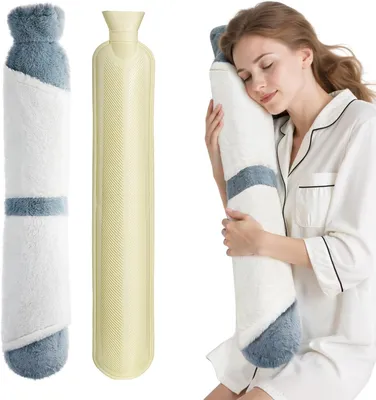 Productafbeelding van Grote warmwaterkruik met hoes, 2 liter, zachte Britse kruik voor nek en schouders, 73 x 14 cm, extra lange kruik voor kinderen