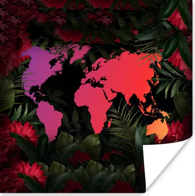 Produktbild von MuchoWow® Poster Weltkarte - Farben - Blumen 75x75 cm - Wand Dekoration