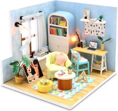Produktbild von Habarri | Miniaturhaus - DIY-Puppenhaus - Holzhaus mit Möbeln und LED-Beleuchtung - Geschenk für Kinder - Blaues Retro