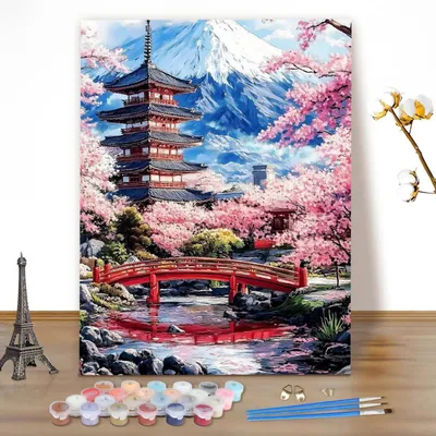 Immagine prodotto di Kit per dipingere per adulti, soggetto: paesaggio con fiori, dimensioni 40x50 cm, tela, colori acrilici, pennelli