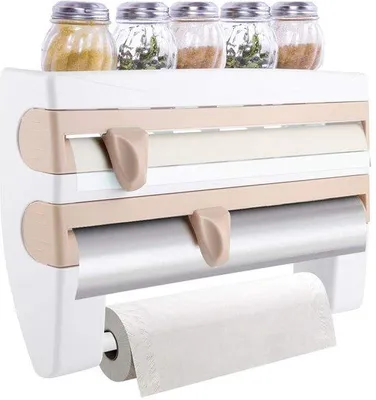 Imagen del producto de Ibenzoa®: Soporte multifuncional para rollos de cocina (para 3 rollos) – con cortador de film integrado y dispensador de film transparente, compartimento de almacenamiento, y apto para montaje en pared