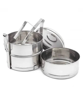 A three-tier stainless steel tiffin carrier with its lid open and one container separate.