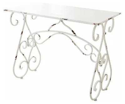 Produktbild von Konsole Stonem, handgefertigte Details, kunstvoll geschwungenes Gestell, Shabby-Chic, Konsolentisch, Eisen, antikweiß