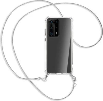Produktbild von Handykette Backcover-Schutzhülle mit Band (Metall silberfarben) für Huawei P40 Pro Plus - silberfarbene Kette Snake