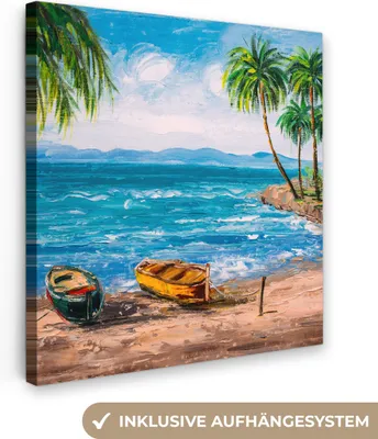 Produktbild von MuchoWow® - Leinwandbilder - Gemälde - Öl auf Leinwand - Strand - Palme - Boot, Wandbild, Wanddeko Bilder Wohnzimmer, 20x20cm