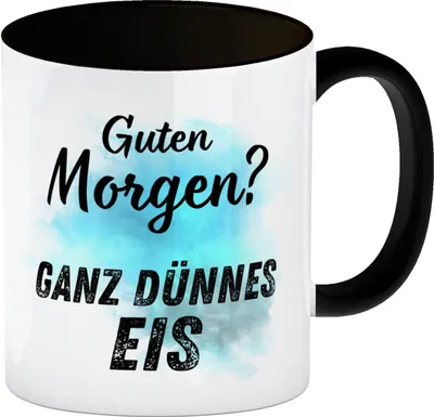 Produktbild von Morgenmuffel Kaffeebecher in schwarz mit Spruch Guten Morgen Ganz dünnes Eis