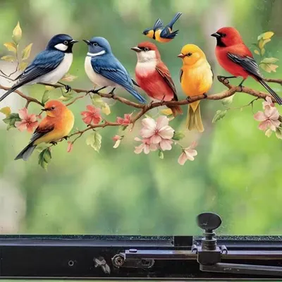 Produktbild von GKA Fensterbild 6 bunte Vögel auf Blütenast Fensteraufkleber Fenster Sticker 40 cm - A21