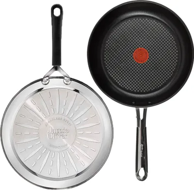Produktbild von Tefal Bratpfanne Jamie Oliver E30 Pfanne 26cm, Bratpfanne alle Herdarten auch Induktion, Edelstahl 18/10 (Inkl. 1 Wender & Filzschoner, 3-tlg.)