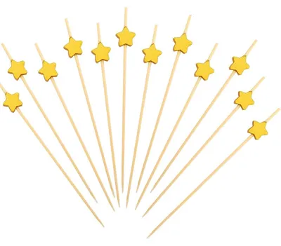 Productafbeelding van Cocktailprikkers van hout, goudkleurig, sterrenvorm, 12 cm, 100 stuks, voor fingerfood en decoratie