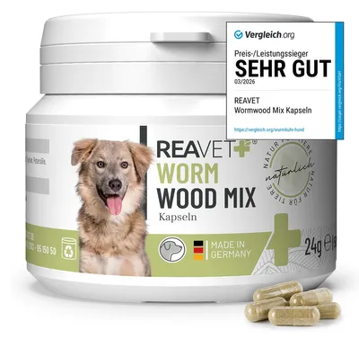 Produktbild von REAVET Wurm-Kraut Kapseln 50 Stück - für Hunde, mit echtem Wurmkraut (Artemisia Absinthium) in rezepturbasierter Pflanzenformel, geeignet für Hunde Aller Rassen