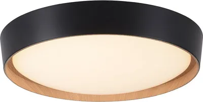A close-up, front-facing view of a round, flush-mount LED ceiling light with a black outer rim and a wood-look accent band around the bottom edge. The light is illuminated.