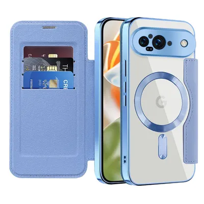 Image de Étui pour Google Pixel 10 compatible avec MagSafe, étui transparent avec porte-cartes, étui en cuir avec protecteur d'appareil photo Bleu clair