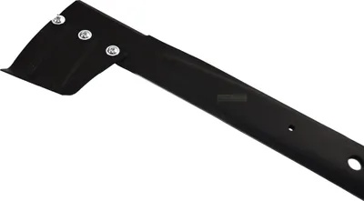 A close-up, angled view of a black metal lawn mower blade.