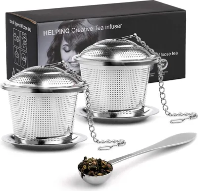 Produktbild von Tee-Ei Edelstahl 2er-Pack, Feinmaschiges Teesieb Mit Löffel Und Abtropfschalen, 12 cm Kette Für Losen Tee
