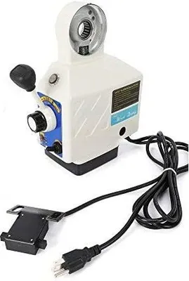 A white and blue power table feed device with a black power cord and plug.