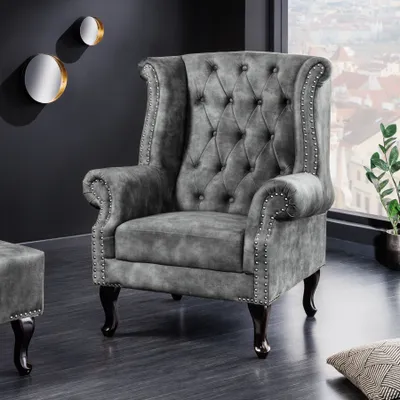Produktbild von riess-ambiente Design Ohrensessel CHESTERFIELD 105cm grau Samt silber Nieten Federkern Lesesessel Relaxsessel