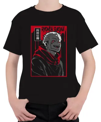 Productafbeelding van Ryomen Sukuna Jujutsu Kaisen, T-shirt voor kinderen, uni, met een afbeelding van de demon in rood en zwart, anime-stijl, kleur: zwart, maat: 152