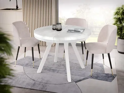 Produktbild von Designer Runder Ausziehbarer Esstisch in Weißer Marmoroptik - Loft-Stil, Industriell, Platzsparend - Weiße Beine - 100 bis 200 cm - für 5-10 Personen - Hergestellt in EU - Marmor Weiß
