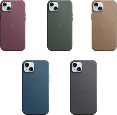 A collage of five iPhone cases in different colors, each with an Apple logo.