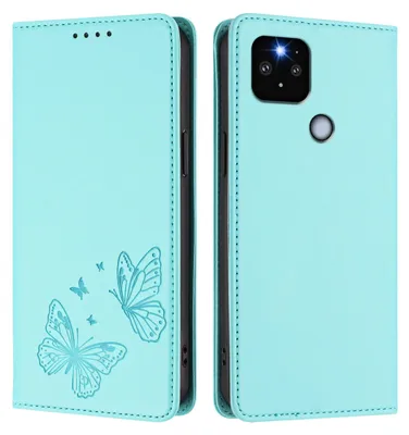 Produktbild von Lederhülle für Google Pixel 5 XL/Pixel 4A 5G, Schmetterling Prägung Leder Brieftasche Schutzhülle mit Ständer Türkis