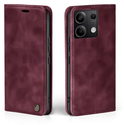 A product shot of a burgundy flip phone case for a Xiaomi Redmi Note 13 Pro 5G, shown from two angles.